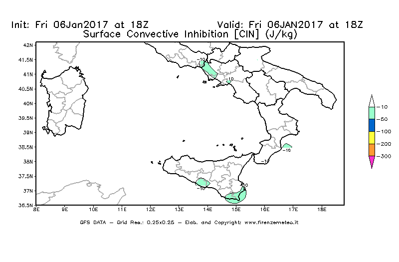 Mappa di analisi GFS - CIN [J/kg] in Sud-Italia
									del 06/01/2017 18 <!--googleoff: index-->UTC<!--googleon: index-->