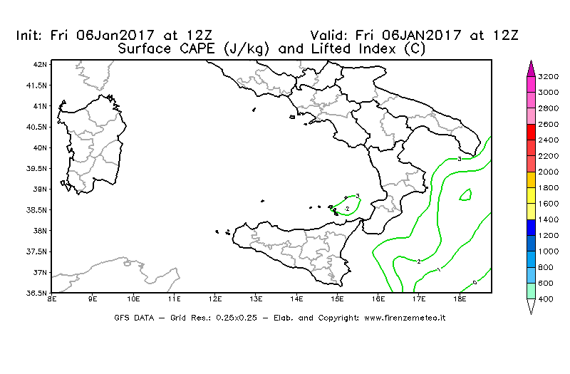 Mappa di analisi GFS - CAPE [J/kg] e Lifted Index [°C] in Sud-Italia
							del 06/01/2017 12 <!--googleoff: index-->UTC<!--googleon: index-->