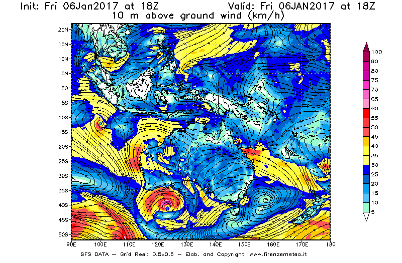 Mappa di analisi GFS - Velocità del vento a 10 metri dal suolo [km/h] in Oceania
									del 06/01/2017 18 <!--googleoff: index-->UTC<!--googleon: index-->