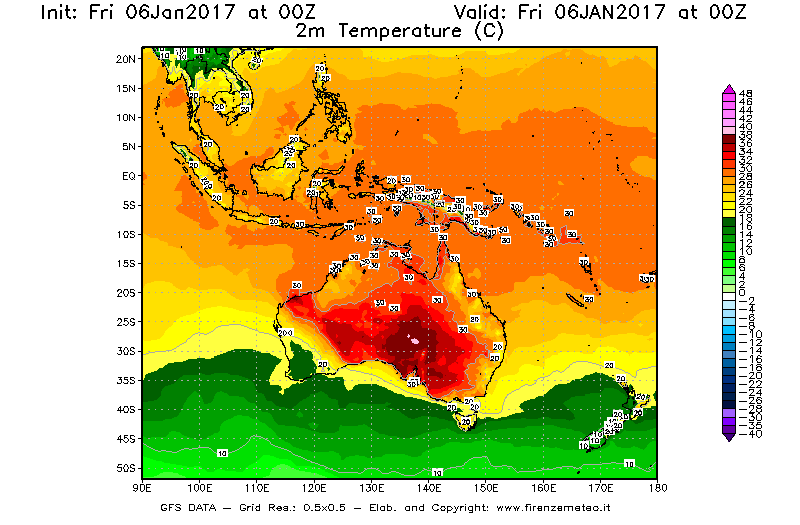 Mappa di analisi GFS - Temperatura a 2 metri dal suolo [°C] in Oceania
							del 06/01/2017 00 <!--googleoff: index-->UTC<!--googleon: index-->