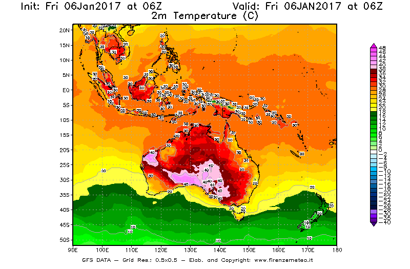 Mappa di analisi GFS - Temperatura a 2 metri dal suolo [°C] in Oceania
									del 06/01/2017 06 <!--googleoff: index-->UTC<!--googleon: index-->