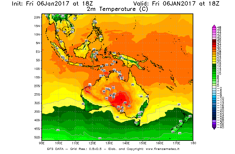 Mappa di analisi GFS - Temperatura a 2 metri dal suolo [°C] in Oceania
							del 06/01/2017 18 <!--googleoff: index-->UTC<!--googleon: index-->