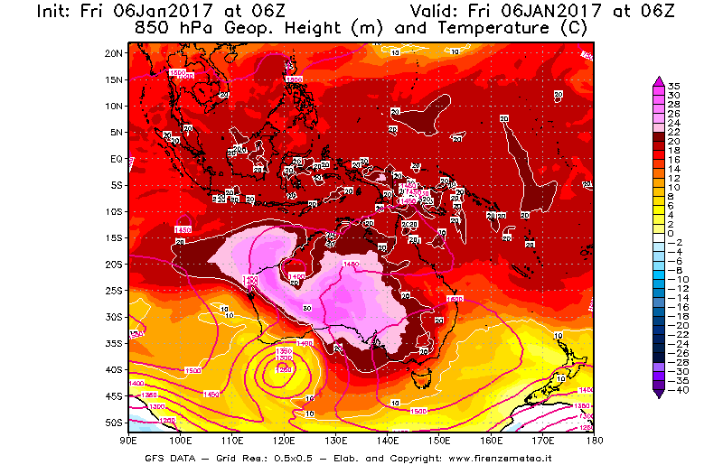 Mappa di analisi GFS - Geopotenziale [m] e Temperatura [°C] a 850 hPa in Oceania
							del 06/01/2017 06 <!--googleoff: index-->UTC<!--googleon: index-->