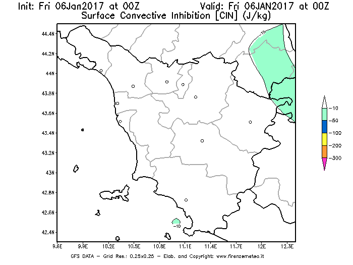 Mappa di analisi GFS - CIN [J/kg] in Toscana
							del 06/01/2017 00 <!--googleoff: index-->UTC<!--googleon: index-->