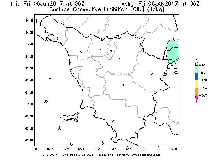Mappa di analisi GFS - CIN [J/kg] in Toscana
							del 06/01/2017 06 <!--googleoff: index-->UTC<!--googleon: index-->