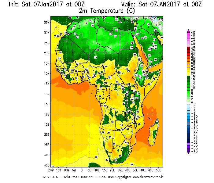 Mappa di analisi GFS - Temperatura a 2 metri dal suolo [°C] in Africa
									del 07/01/2017 00 <!--googleoff: index-->UTC<!--googleon: index-->
