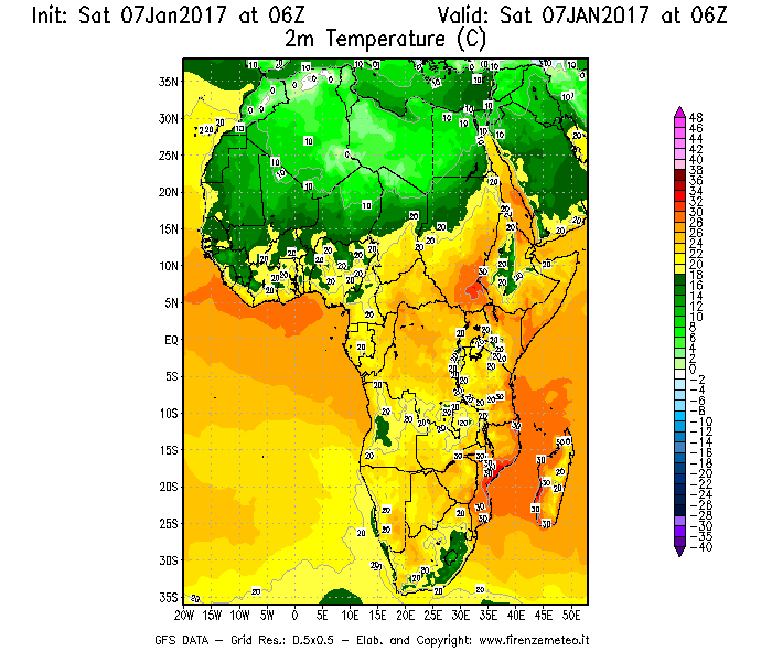 Mappa di analisi GFS - Temperatura a 2 metri dal suolo [°C] in Africa
							del 07/01/2017 06 <!--googleoff: index-->UTC<!--googleon: index-->