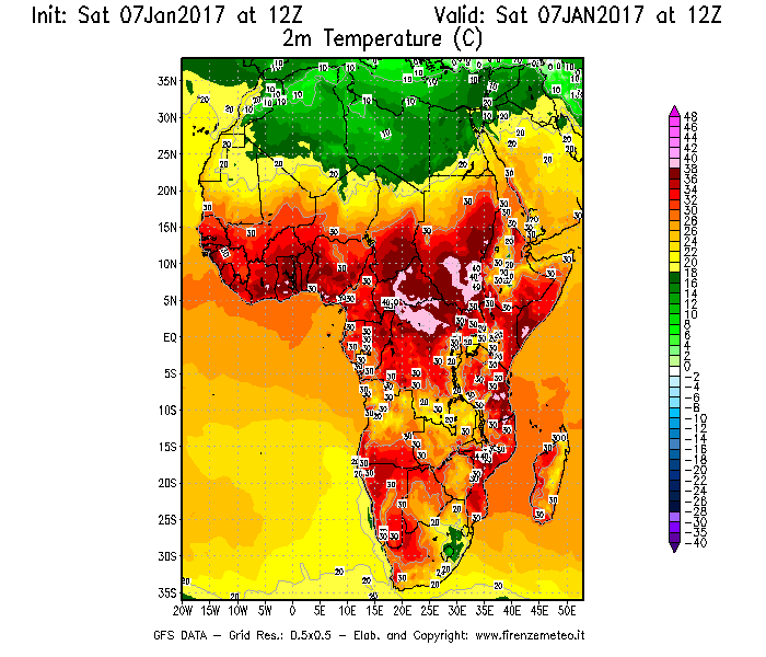 Mappa di analisi GFS - Temperatura a 2 metri dal suolo [°C] in Africa
							del 07/01/2017 12 <!--googleoff: index-->UTC<!--googleon: index-->