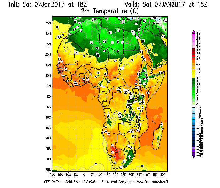Mappa di analisi GFS - Temperatura a 2 metri dal suolo [°C] in Africa
							del 07/01/2017 18 <!--googleoff: index-->UTC<!--googleon: index-->