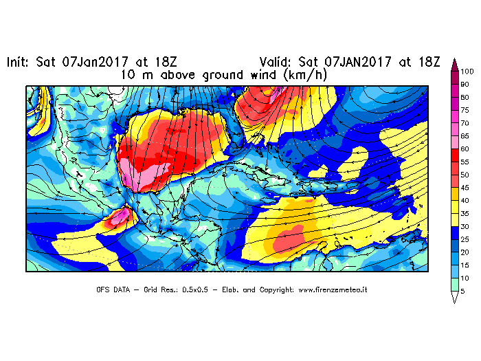 Mappa di analisi GFS - Velocità del vento a 10 metri dal suolo [km/h] in Centro-America
							del 07/01/2017 18 <!--googleoff: index-->UTC<!--googleon: index-->