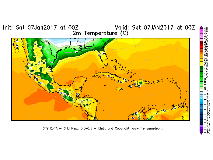 Mappa di analisi GFS - Temperatura a 2 metri dal suolo [°C] in Centro-America
							del 07/01/2017 00 <!--googleoff: index-->UTC<!--googleon: index-->