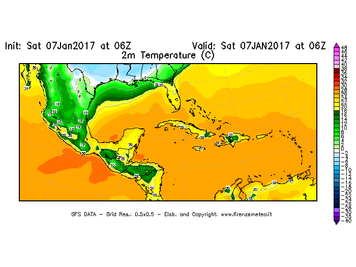 Mappa di analisi GFS - Temperatura a 2 metri dal suolo [°C] in Centro-America
									del 07/01/2017 06 <!--googleoff: index-->UTC<!--googleon: index-->