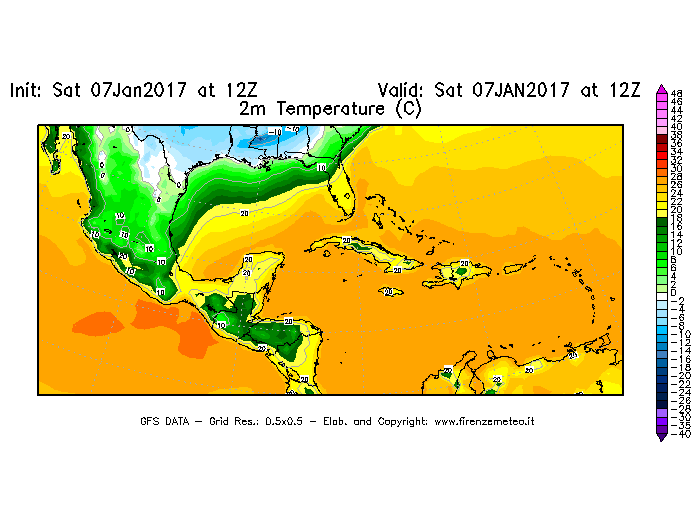 Mappa di analisi GFS - Temperatura a 2 metri dal suolo [°C] in Centro-America
							del 07/01/2017 12 <!--googleoff: index-->UTC<!--googleon: index-->