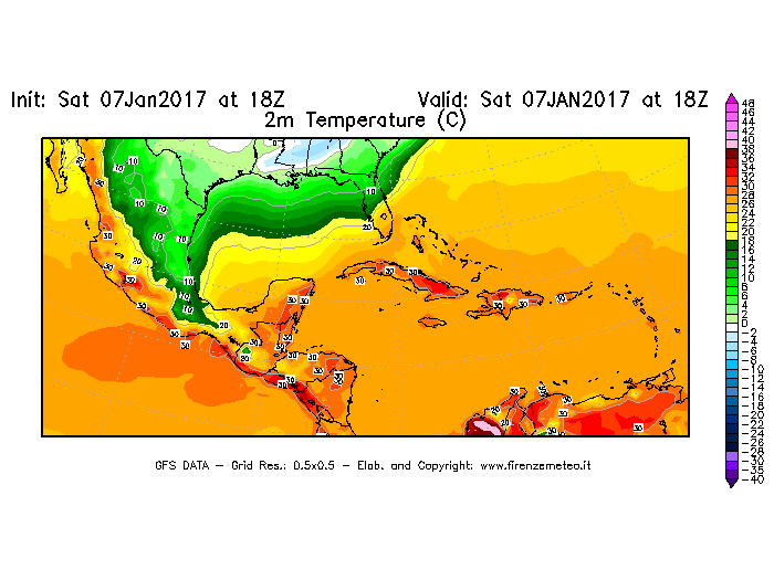 Mappa di analisi GFS - Temperatura a 2 metri dal suolo [°C] in Centro-America
									del 07/01/2017 18 <!--googleoff: index-->UTC<!--googleon: index-->