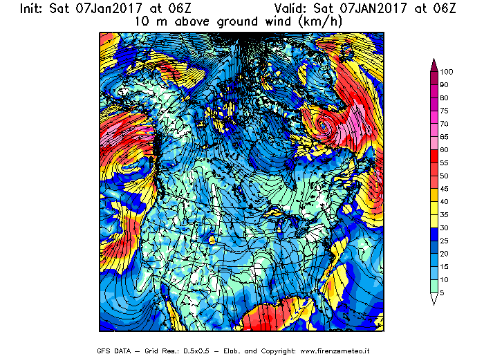 Mappa di analisi GFS - Velocità del vento a 10 metri dal suolo [km/h] in Nord-America
							del 07/01/2017 06 <!--googleoff: index-->UTC<!--googleon: index-->