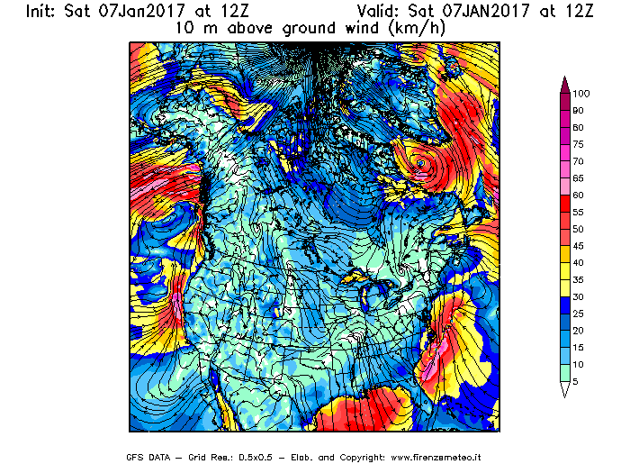 Mappa di analisi GFS - Velocità del vento a 10 metri dal suolo [km/h] in Nord-America
							del 07/01/2017 12 <!--googleoff: index-->UTC<!--googleon: index-->