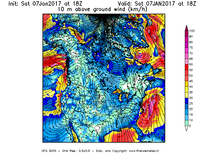 Mappa di analisi GFS - Velocità del vento a 10 metri dal suolo [km/h] in Nord-America
							del 07/01/2017 18 <!--googleoff: index-->UTC<!--googleon: index-->