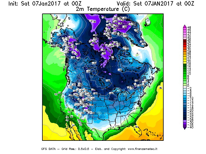 Mappa di analisi GFS - Temperatura a 2 metri dal suolo [°C] in Nord-America
							del 07/01/2017 00 <!--googleoff: index-->UTC<!--googleon: index-->