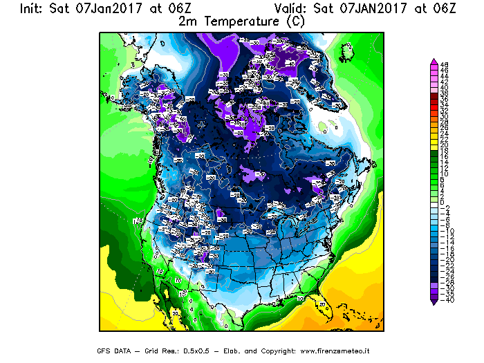 Mappa di analisi GFS - Temperatura a 2 metri dal suolo [°C] in Nord-America
									del 07/01/2017 06 <!--googleoff: index-->UTC<!--googleon: index-->