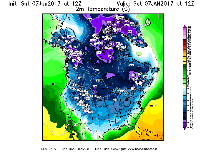 Mappa di analisi GFS - Temperatura a 2 metri dal suolo [°C] in Nord-America
							del 07/01/2017 12 <!--googleoff: index-->UTC<!--googleon: index-->