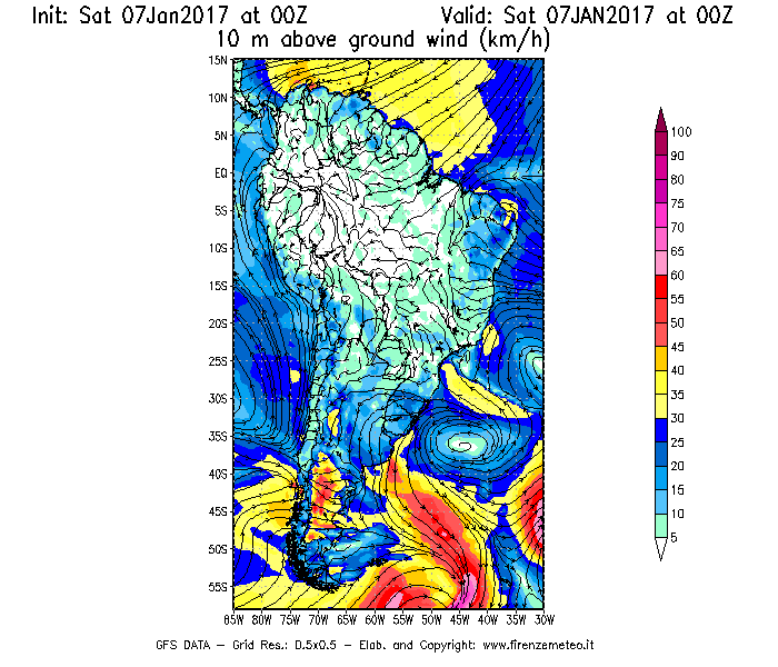 Mappa di analisi GFS - Velocità del vento a 10 metri dal suolo [km/h] in Sud-America
							del 07/01/2017 00 <!--googleoff: index-->UTC<!--googleon: index-->