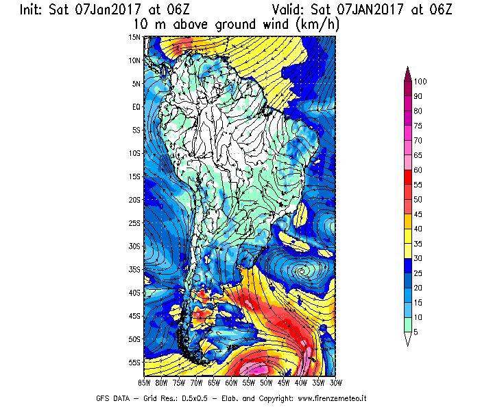Mappa di analisi GFS - Velocità del vento a 10 metri dal suolo [km/h] in Sud-America
							del 07/01/2017 06 <!--googleoff: index-->UTC<!--googleon: index-->