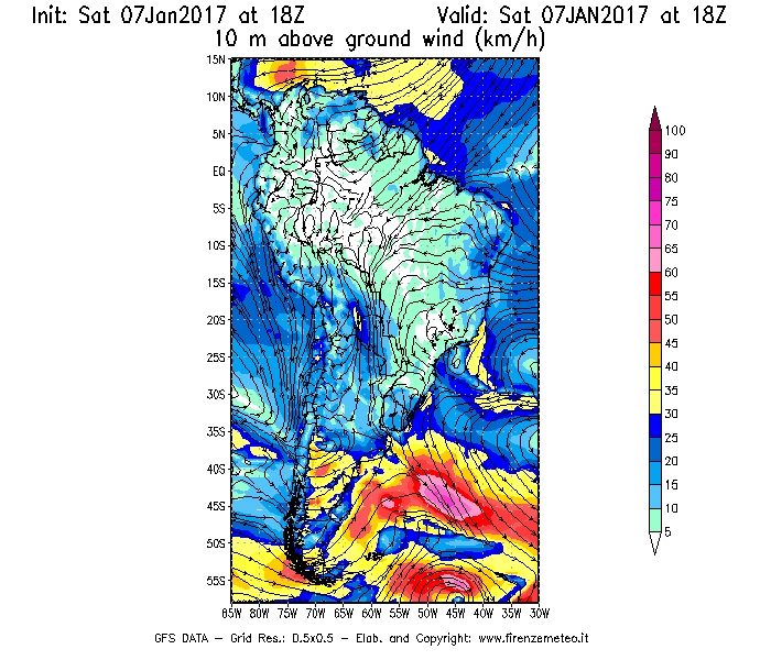 Mappa di analisi GFS - Velocità del vento a 10 metri dal suolo [km/h] in Sud-America
							del 07/01/2017 18 <!--googleoff: index-->UTC<!--googleon: index-->