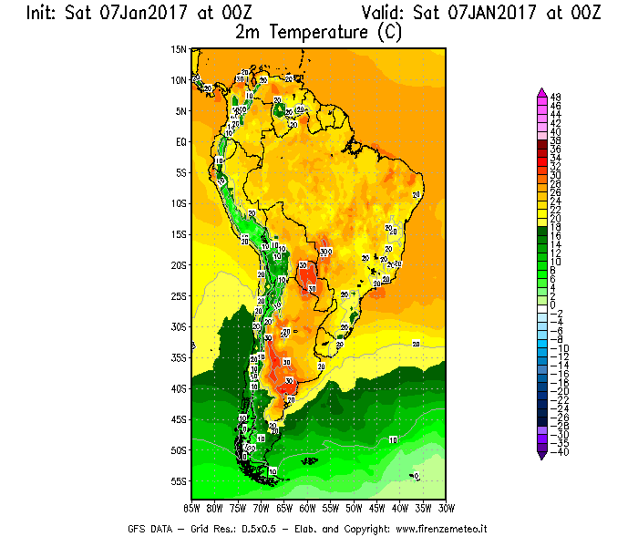 Mappa di analisi GFS - Temperatura a 2 metri dal suolo [°C] in Sud-America
							del 07/01/2017 00 <!--googleoff: index-->UTC<!--googleon: index-->