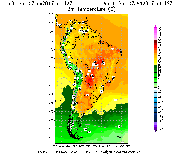 Mappa di analisi GFS - Temperatura a 2 metri dal suolo [°C] in Sud-America
									del 07/01/2017 12 <!--googleoff: index-->UTC<!--googleon: index-->