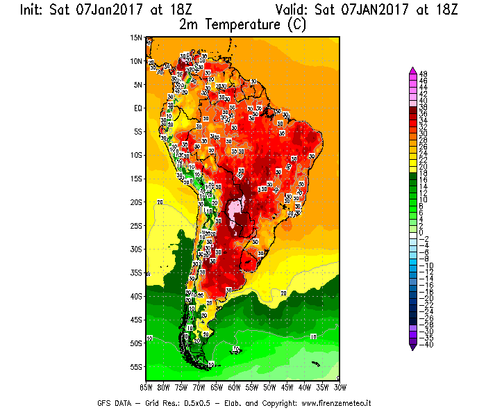 Mappa di analisi GFS - Temperatura a 2 metri dal suolo [°C] in Sud-America
							del 07/01/2017 18 <!--googleoff: index-->UTC<!--googleon: index-->