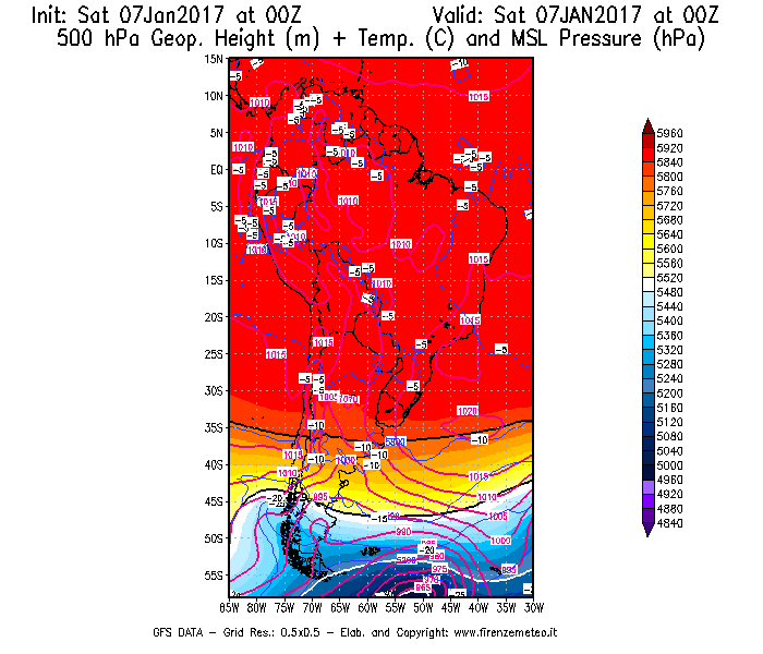 Mappa di analisi GFS - Geopotenziale [m] + Temp. [°C] a 500 hPa + Press. a livello del mare [hPa] in Sud-America
							del 07/01/2017 00 <!--googleoff: index-->UTC<!--googleon: index-->