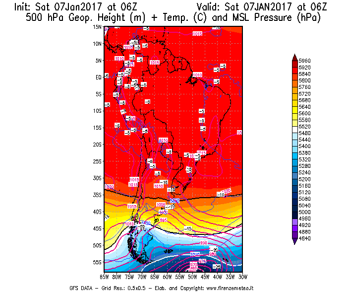 Mappa di analisi GFS - Geopotenziale [m] + Temp. [°C] a 500 hPa + Press. a livello del mare [hPa] in Sud-America
							del 07/01/2017 06 <!--googleoff: index-->UTC<!--googleon: index-->