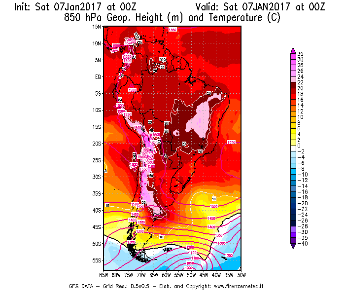 Mappa di analisi GFS - Geopotenziale [m] e Temperatura [°C] a 850 hPa in Sud-America
									del 07/01/2017 00 <!--googleoff: index-->UTC<!--googleon: index-->