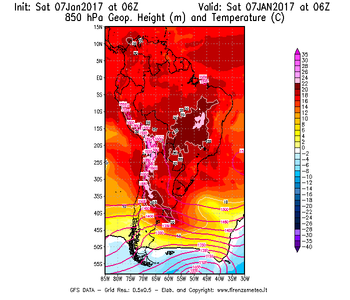 Mappa di analisi GFS - Geopotenziale [m] e Temperatura [°C] a 850 hPa in Sud-America
									del 07/01/2017 06 <!--googleoff: index-->UTC<!--googleon: index-->