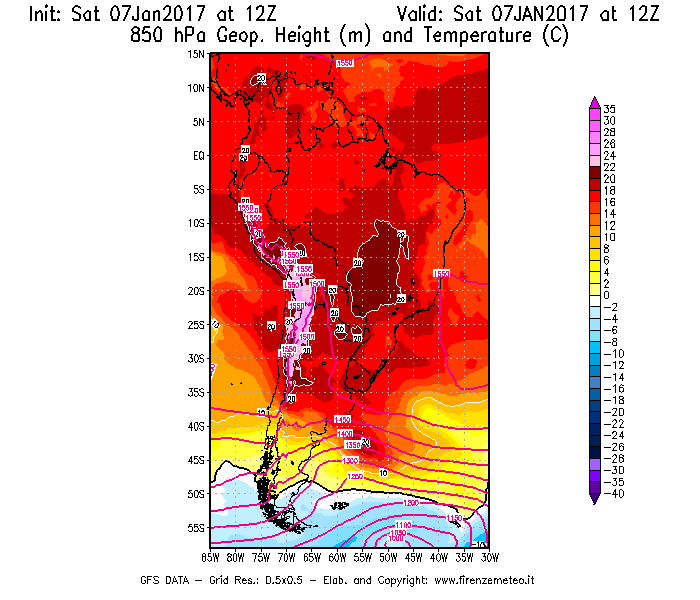 Mappa di analisi GFS - Geopotenziale [m] e Temperatura [°C] a 850 hPa in Sud-America
									del 07/01/2017 12 <!--googleoff: index-->UTC<!--googleon: index-->