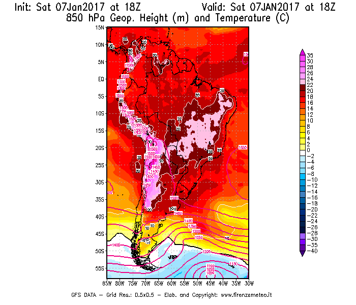 Mappa di analisi GFS - Geopotenziale [m] e Temperatura [°C] a 850 hPa in Sud-America
							del 07/01/2017 18 <!--googleoff: index-->UTC<!--googleon: index-->