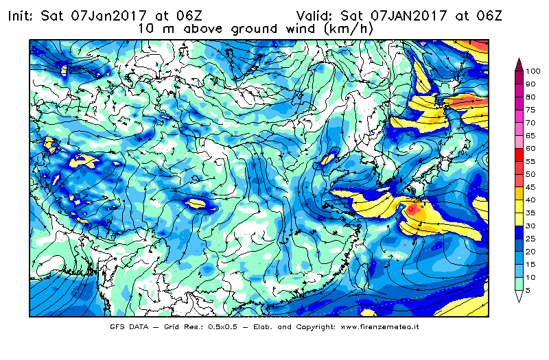 Mappa di analisi GFS - Velocità del vento a 10 metri dal suolo [km/h] in Asia Orientale
							del 07/01/2017 06 <!--googleoff: index-->UTC<!--googleon: index-->