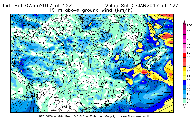 Mappa di analisi GFS - Velocità del vento a 10 metri dal suolo [km/h] in Asia Orientale
							del 07/01/2017 12 <!--googleoff: index-->UTC<!--googleon: index-->