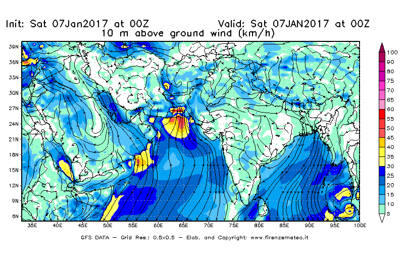 Mappa di analisi GFS - Velocità del vento a 10 metri dal suolo [km/h] in Asia Sud-Occidentale
							del 07/01/2017 00 <!--googleoff: index-->UTC<!--googleon: index-->