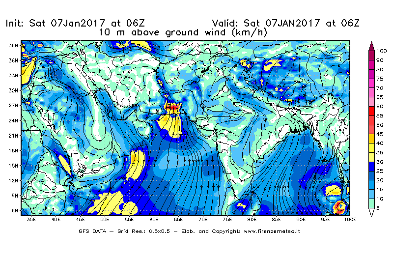 Mappa di analisi GFS - Velocità del vento a 10 metri dal suolo [km/h] in Asia Sud-Occidentale
									del 07/01/2017 06 <!--googleoff: index-->UTC<!--googleon: index-->