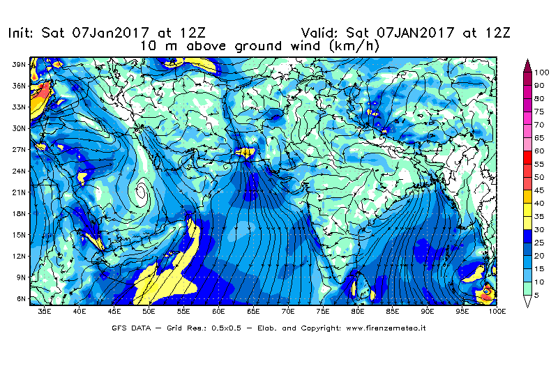 Mappa di analisi GFS - Velocità del vento a 10 metri dal suolo [km/h] in Asia Sud-Occidentale
							del 07/01/2017 12 <!--googleoff: index-->UTC<!--googleon: index-->
