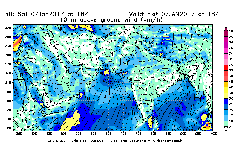 Mappa di analisi GFS - Velocità del vento a 10 metri dal suolo [km/h] in Asia Sud-Occidentale
							del 07/01/2017 18 <!--googleoff: index-->UTC<!--googleon: index-->