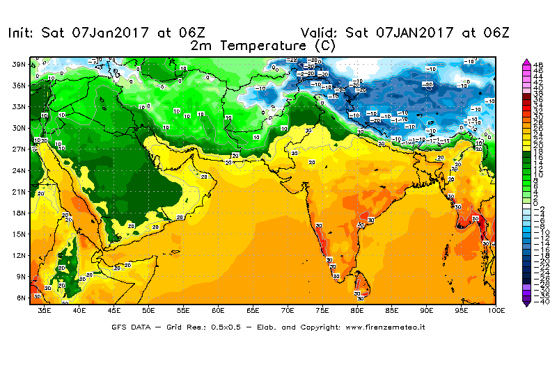 Mappa di analisi GFS - Temperatura a 2 metri dal suolo [°C] in Asia Sud-Occidentale
							del 07/01/2017 06 <!--googleoff: index-->UTC<!--googleon: index-->