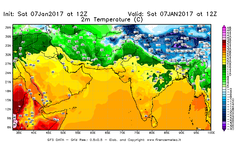 Mappa di analisi GFS - Temperatura a 2 metri dal suolo [°C] in Asia Sud-Occidentale
							del 07/01/2017 12 <!--googleoff: index-->UTC<!--googleon: index-->
