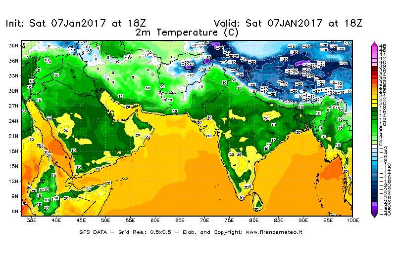 Mappa di analisi GFS - Temperatura a 2 metri dal suolo [°C] in Asia Sud-Occidentale
							del 07/01/2017 18 <!--googleoff: index-->UTC<!--googleon: index-->