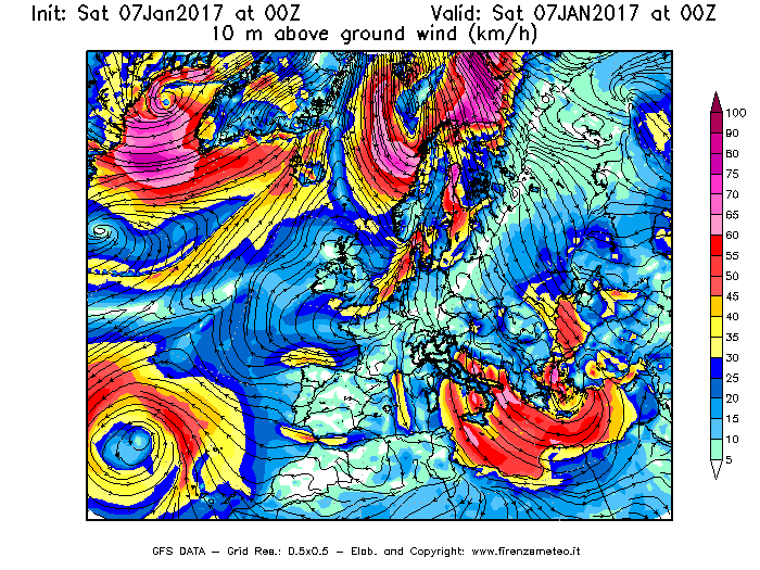 Mappa di analisi GFS - Velocità del vento a 10 metri dal suolo [km/h] in Europa
							del 07/01/2017 00 <!--googleoff: index-->UTC<!--googleon: index-->