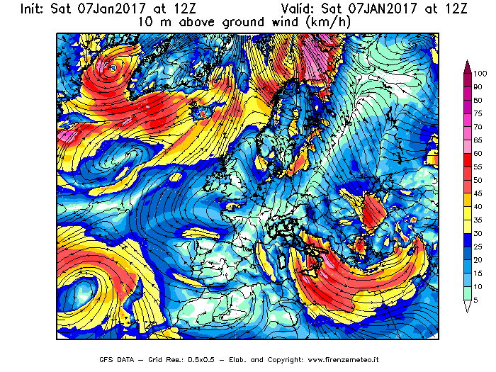 Mappa di analisi GFS - Velocità del vento a 10 metri dal suolo [km/h] in Europa
									del 07/01/2017 12 <!--googleoff: index-->UTC<!--googleon: index-->