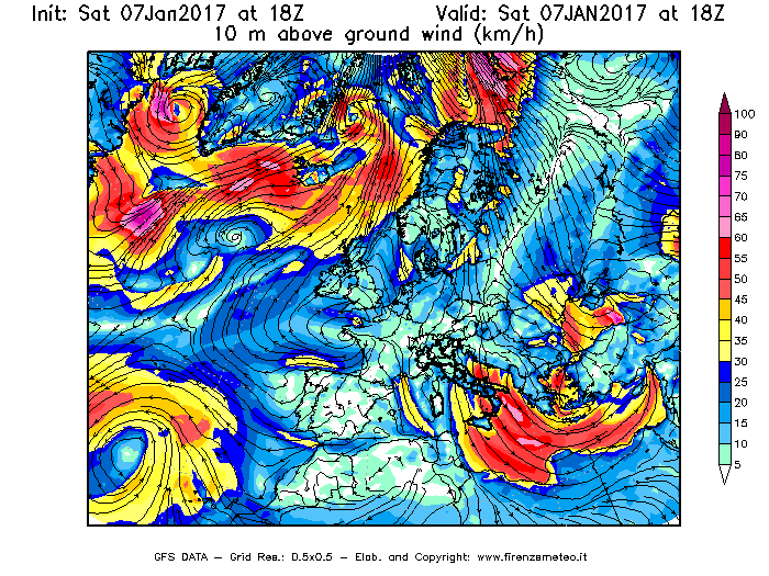 Mappa di analisi GFS - Velocità del vento a 10 metri dal suolo [km/h] in Europa
							del 07/01/2017 18 <!--googleoff: index-->UTC<!--googleon: index-->
