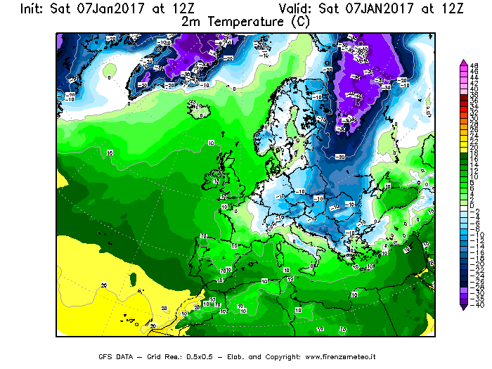Mappa di analisi GFS - Temperatura a 2 metri dal suolo [°C] in Europa
							del 07/01/2017 12 <!--googleoff: index-->UTC<!--googleon: index-->