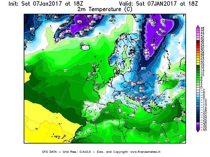 Mappa di analisi GFS - Temperatura a 2 metri dal suolo [°C] in Europa
							del 07/01/2017 18 <!--googleoff: index-->UTC<!--googleon: index-->